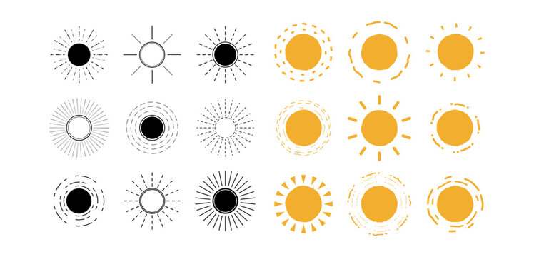 Set of sun vector. Collection of sun black and yellow icons in hand-drawn and boho style. Vector illustration.