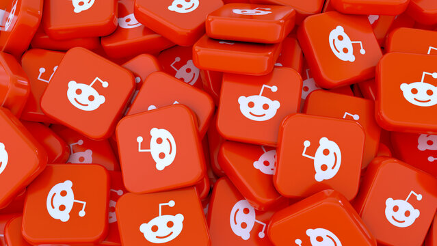 3D rendering a lot of reddit's square badges in a close up view
