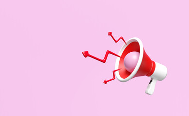 cartoon hand speaker, 3d red megaphone with arrow graph isolated on pink background. announce promotion news for social media networks, online marketing shopping concept, 3d render illustration