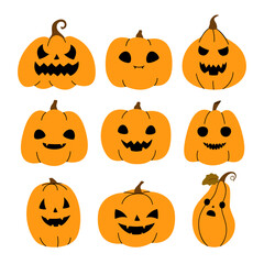 Set of Halloween scary pumpkins. Orange pumpkins on a white background. Creepy faces with different emotions. Flat vector illustration.