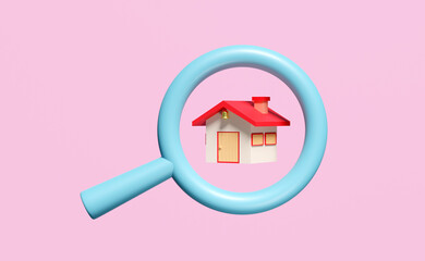 3d red house with magnifying glass icon isolated on pink background. online shopping, search data, Buying a house, renting, the desired location concept, 3d render illustration