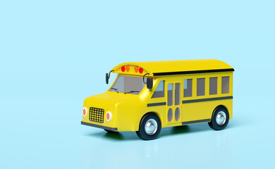 Fototapeta na wymiar 3d yellow school bus cartoon sign icon, vehicle for transporting students isolated on blue background. back to school, 3d render illustration