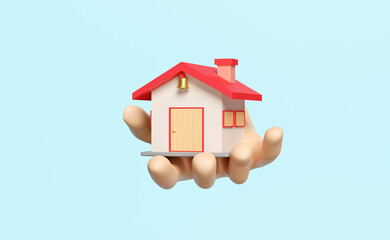 Fototapeta na wymiar 3d cartoon hands holding red house isolated on blue background. 3d render illustration