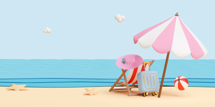 3d summer travel with suitcase, umbrella, ball, beach chair, hat, seaside isolated on blue sky background. 3d render illustration