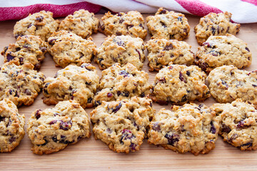 Freshly baked cranberry scones; delicious golden cranberry scones cooling on a wood cutting board
