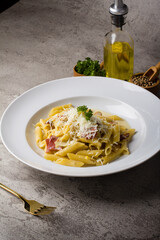Italian Pasta penne cream sauce with minced beef sauce and parmesan cheese in white plate on texture table