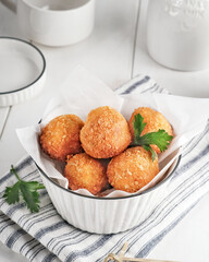 Delicious homemade bitterballen made from flour, cheese, milk coated with bread crumb filled with mozzarella. 