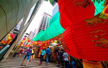 Scenery of people walking by stalls in a bazaar to shop Chinese Lanterns and decoration items for Chinese New Year Festival in Pottinger Street, Hong Kong, China
A highly festive atmosphere
