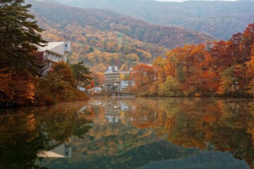 Scenery of an autumn pond with view of lakeside villas & houses in a peaceful atmosphere and fall...