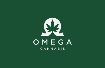 Omega symbol with cannabis leaf shape logo icon design template flat vector illustration