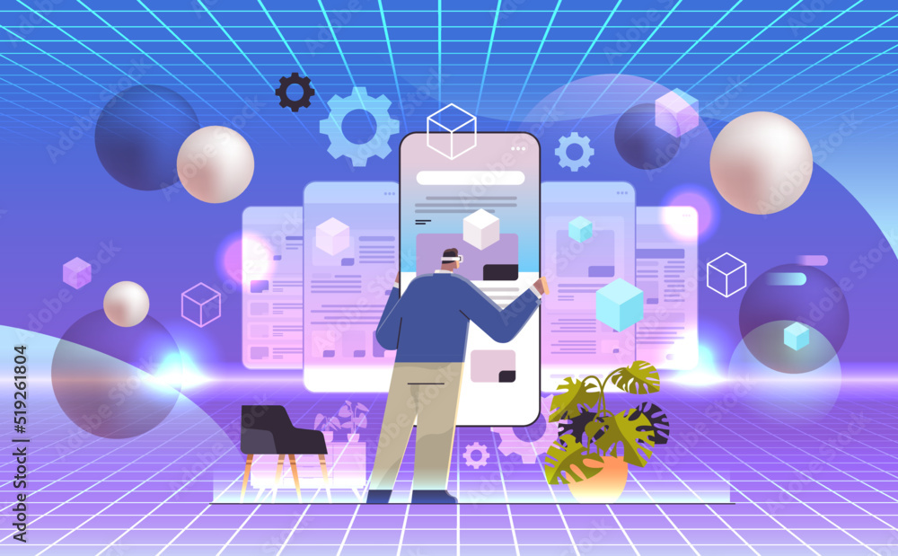 Poster man technician in virtual reality glasses repairing mobile application setting option adjusting on s