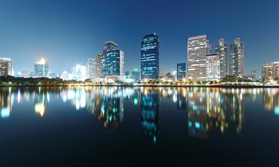 Naklejka premium Night skyline of modern lakeside skyscrapers with glass curtain walls and dazzling city lights reflected in the smooth lake water in beautiful Benjakiti Park at blue dusk, in Bangkok, Thailand, Asia