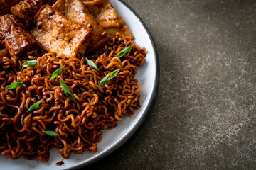 Jajangmyeon or JJajangmyeon with Odeng and Omuk - Korean Instant noodles with Korean fish cake in black bean sauce
