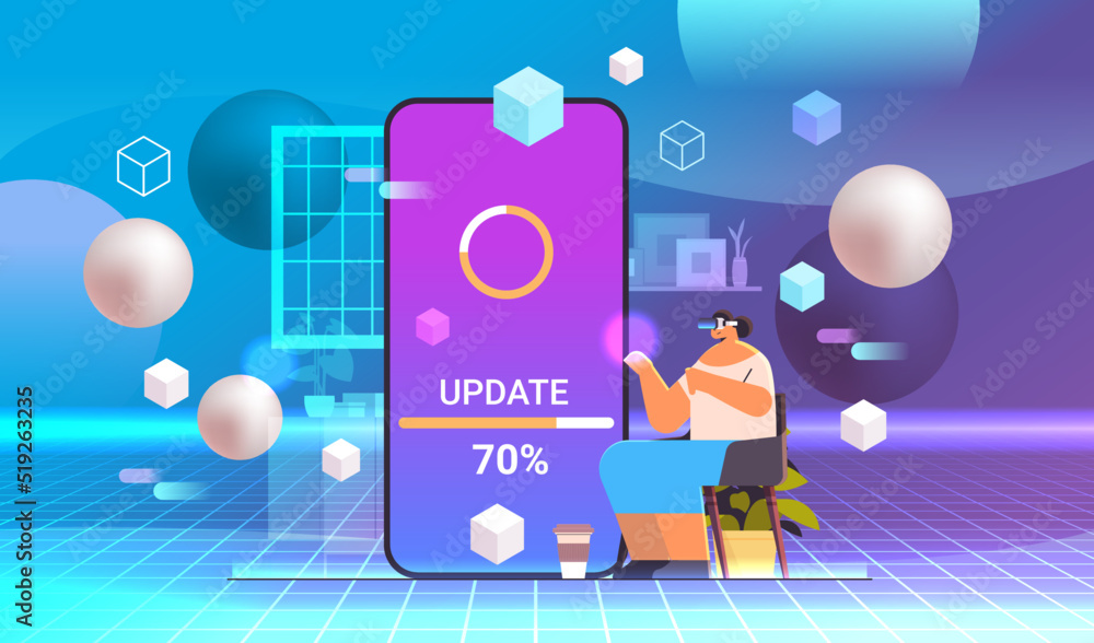 Poster woman in virtual reality glasses updating operating system update process install new software on sm