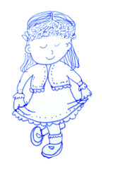 A cute girl with a flower wreath on her head, standing in a respectful curtsy. Cartoon isolated children's character on a white background. Drawing by hand with a felt-tip pen