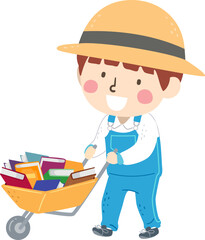 Kid Boy Wheelbarrow Books Overalls Illustration