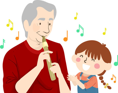 recommend clip art: Kid Girl Clapping Senior Man Flute Illustration