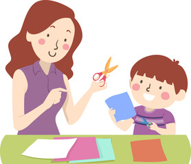 Mom Teach Kid Boy How To Use Scissors Illustration