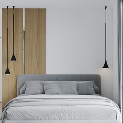 Bright small bedroom in white gray colors in the style of minimalism. Square frame on the headboard and bed. Wood paneling on the wall with a decorative strip of mirrors and black lamps. 3d rendering