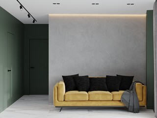 Large living room with furniture - a yellow mustard sofa with black pillows. Empty walls are green and gray in stucco plaster microcement. Large white marble porcelain stoneware floor. 3d rendering