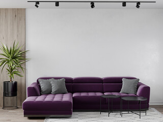 Cozy living room with a large corner sofa in the color trends 2022 - Velvet Violet. Dark purple velvet color is a bright accent. Blank mockup for art, wallpaper or painting. 3d rendering