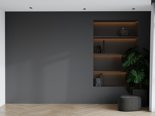 Living room design with dark gray black walls for furniture, TV or painting. Niche with built-in shelves with decor. Poof and monstera plant. 3d rendering