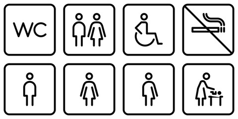 Toilet outline icon set.WC line sign. Man,woman,mother with baby and handicap symbol.Restroom for male, female, transgender, disabled.Editable stroke. Vector graphics