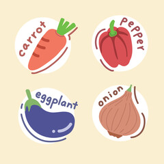 Four different delicious vegetables, including orange carrots, purple eggplants, red bell peppers, and coffee-colored onions, are all healthy foods