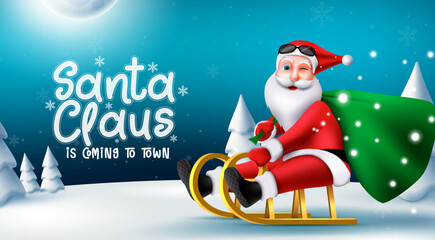 Santa claus christmas vector design. Santa is coming to town text with character riding in sled and holding gift bag element for xmas gift giving. Vector illustration.
