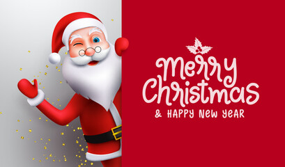 Christmas greeting vector template design. Merry christmas text in red empty space with santa claus character waving in background for xmas holiday greeting messages. Vector illustration.
