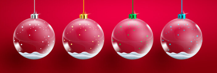 Christmas crystal balls vector set design. Christmas snow ball hanging decoration collection in red background with decorative glass crystals for 3d xmas decor. Vector illustration.
