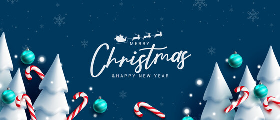 Christmas greeting vector background design. Merry christmas text with blue decoration in fir tree, xmas balls and candy cane elements for holiday season eve messages. Vector illustration.

