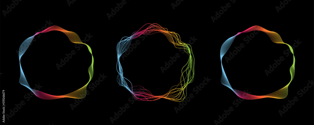 Wall mural Set of colorful abstract line circle in black background. dynamic style design in modern and luxurious style