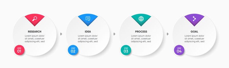 Circle pie 4 steps infographic design. Step-by-step presentation design. Modern, colorful, and clean infographic design.	