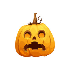 Scary Jack o lantern or Halloween pumpkin with face, vector cartoon icon. Halloween holiday ghost of pumpkin lantern, horror creepy character with angry face and spooky eyes carving