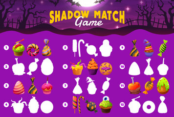 Shadow match game. Halloween cartoon candies, cookie and sweets. Halloween spooky sweets silhouette compare child puzzle, Halloween scary treats shadow matching kids playing activity vector worksheet