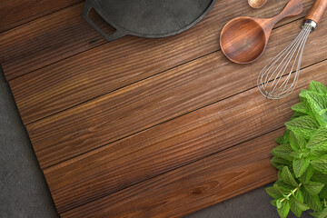 Kitchen utensils on wooden background, Free space for your text