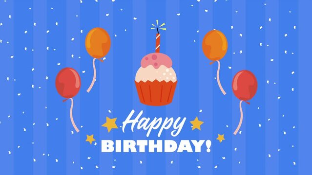 happy birthday lettering animation with cupcake