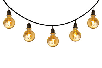 A row of light bulbs hanging on a wire on a white background.