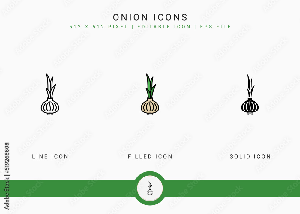 Poster onion icons set vector illustration with solid icon line style. vegetable healthy concept. editable 