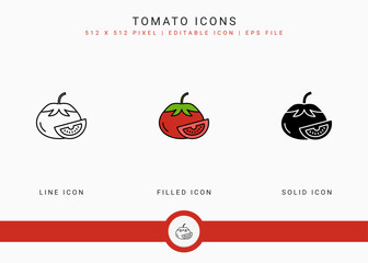 Tomato icons set vector illustration with solid icon line style. Vegetable healthy concept. Editable stroke icon on isolated background for web design, user interface, and mobile application
