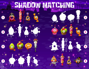 Shadow matching game worksheet, cartoon Halloween candy characters. Vector puzzle of kids education with trick or treat sweet food, brain game, riddle or memory test with find and match task