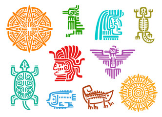 Mayan aztec totems, vector animal, bird, sun and god tribal ethnic symbols. Ancient mexican lizard, fish, turtle and crow, star, eagle and native indian or inca idol head with mayan aztec pattern