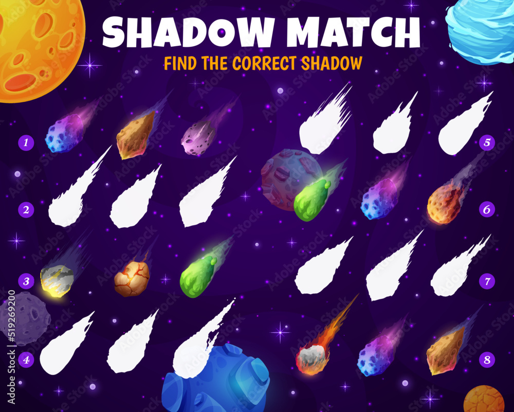 Poster shadow match game. space comets, asteroids and meteors on shadow compare quiz, educational puzzle. p