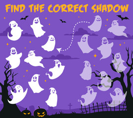 Find correct shadow, Halloween ghosts on cemetery, vector kids puzzle game. Find similar shadow silhouette or search riddle with funny cartoon ghoul ghosts and Halloween pumpkin lanterns