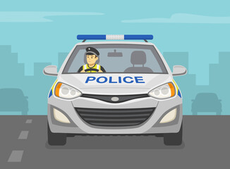 European traffic police officer driving a car on the city road. Traffic speed control. Front view. Flat vector illustration template.