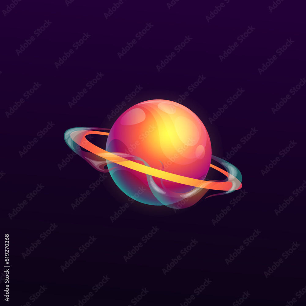 Poster cartoon galaxy planet with ring and waves. deep space fantastic world or sci-fi exoplanet. fantasy s