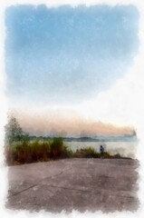 Mekong river landscape of Thailand watercolor style illustration impressionist painting.