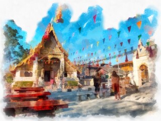 Ancient temples in the northeastern provinces of Thailand watercolor style illustration impressionist painting.