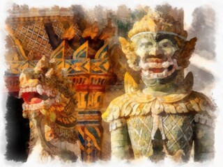 Fototapeta premium Ancient temples in the northeastern provinces of Thailand watercolor style illustration impressionist painting.